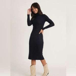 Marine Layer Lexi Rib Turtleneck Midi Dress in Navy Lurex Stripe
